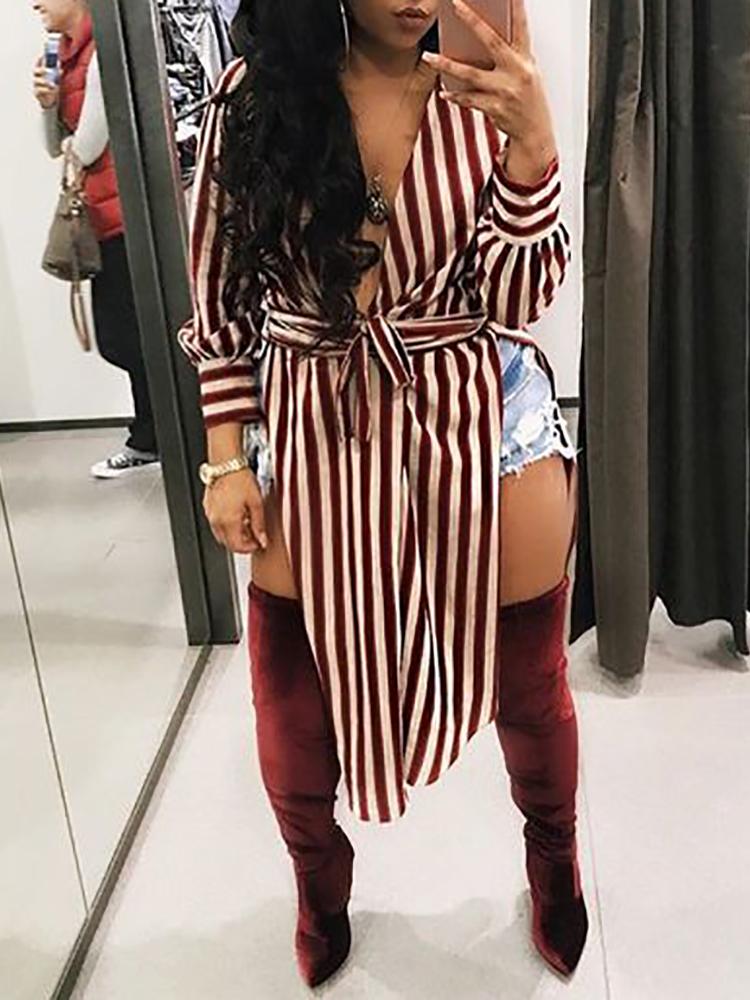 

Stripe Self Belted Split Casual Shirt Dress, Orange