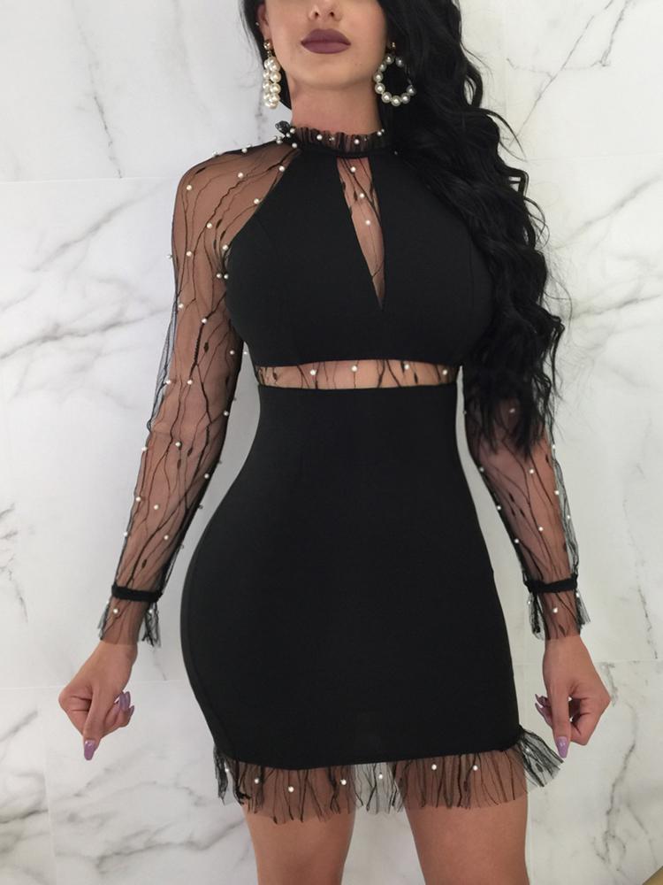 

Beads Embellished Sheer Mesh Patchwork Mini Dress, Black