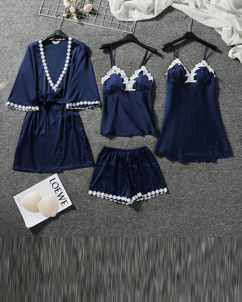 

5Pcs Satin Pajama Set, Purplish blue