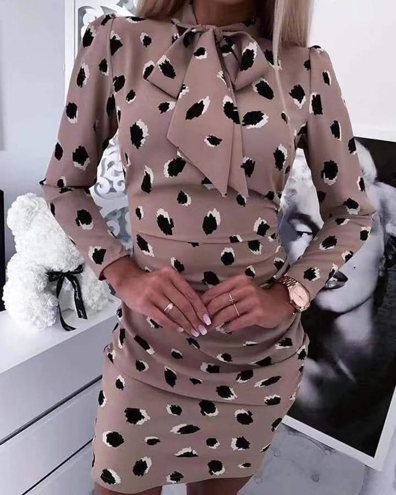 

Random Leopard Print Tied Neck Dress, Khaki