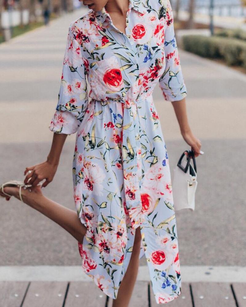 

Floral Print Slit Casual Shirt Dress, Light blue