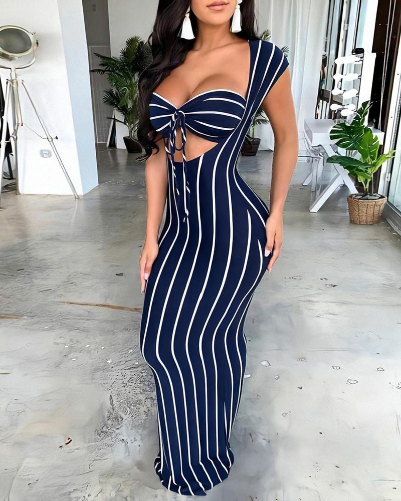 

U-neck Cut Out Striped Maxi Dress, Dark blue