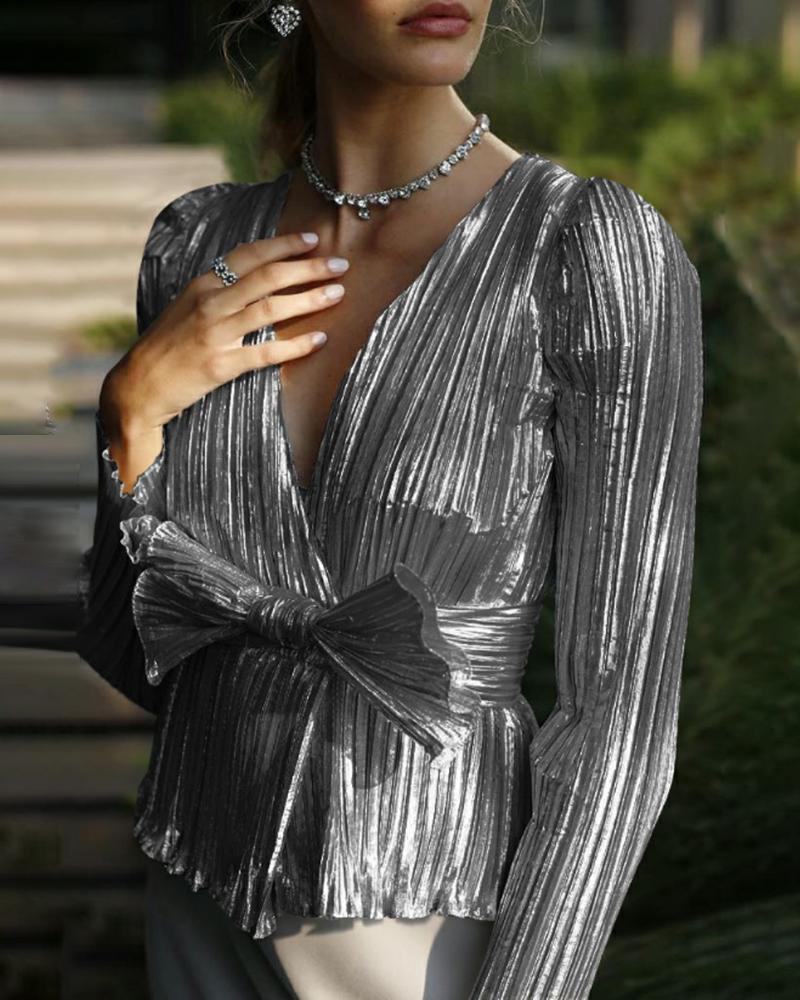 

Solid V Neck Bowknot Design Blouse, Silver