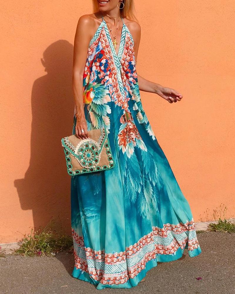 

Halterneck Floral Print Backless Maxi Dress, Multicolor