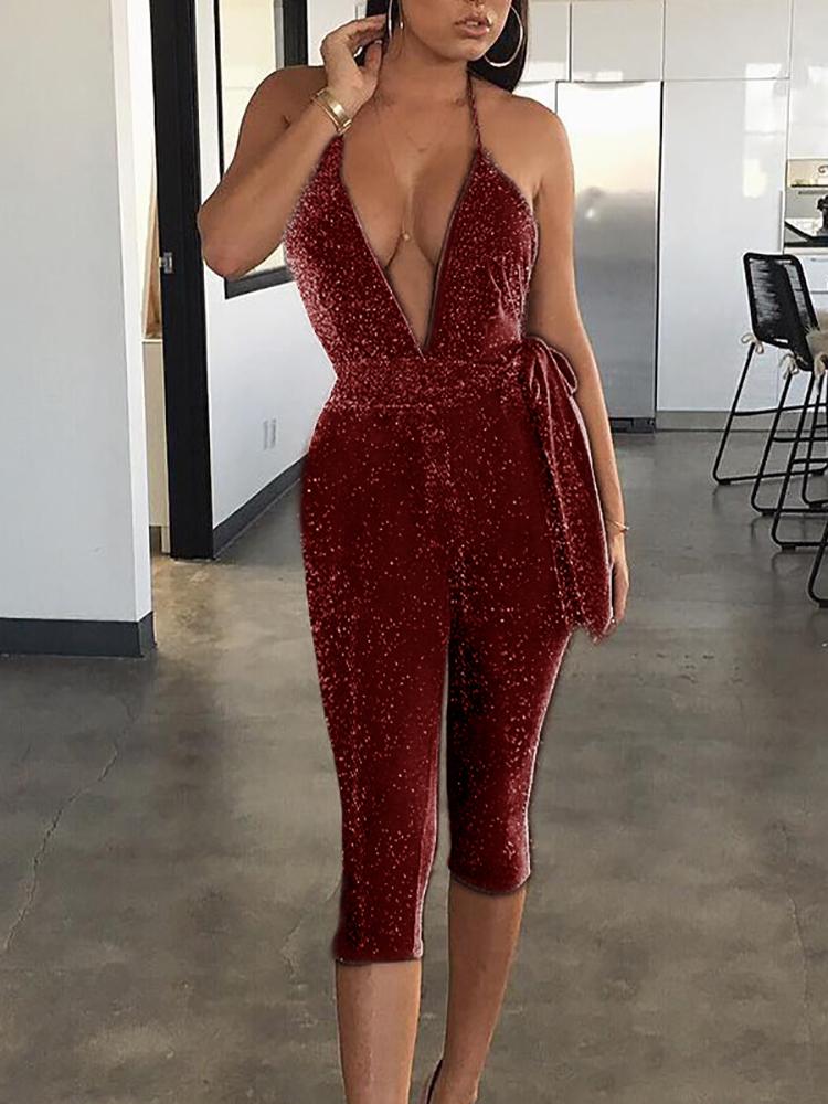 

Glitting V Neck Waist Belt Jumpsuits