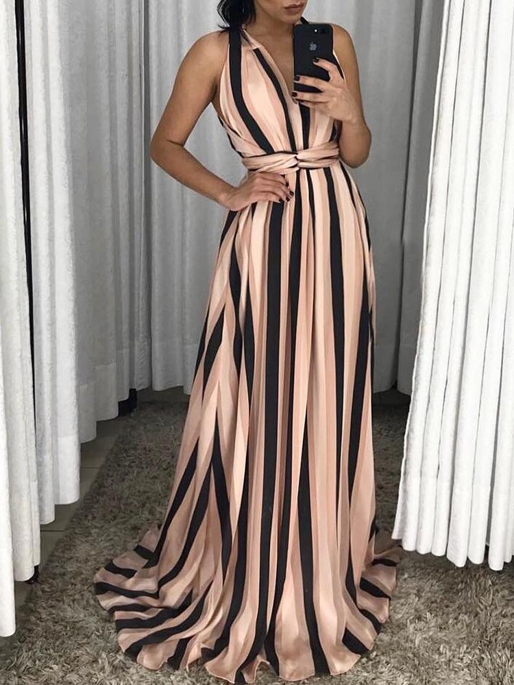 

Halter V Neck Striped Twist Waist Maxi Dress