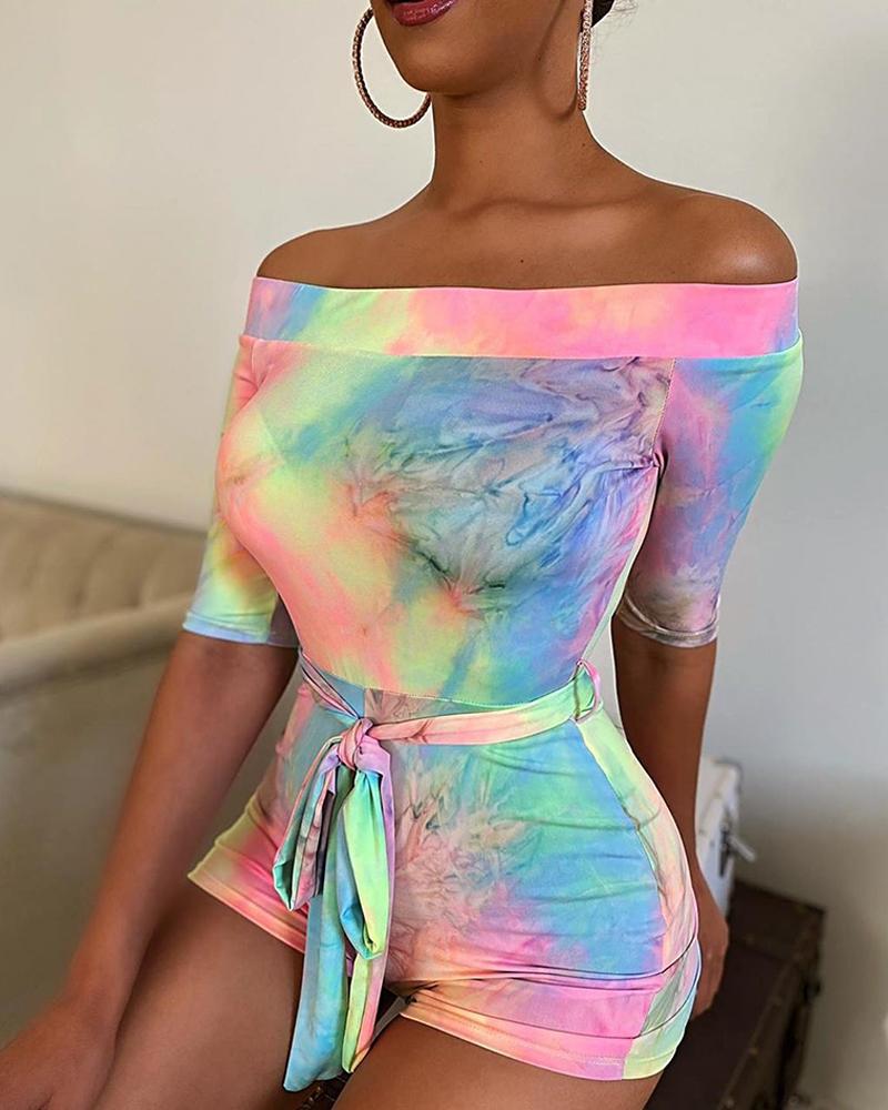 

Tie Dye Print Off Shoulder Romper, Multicolor