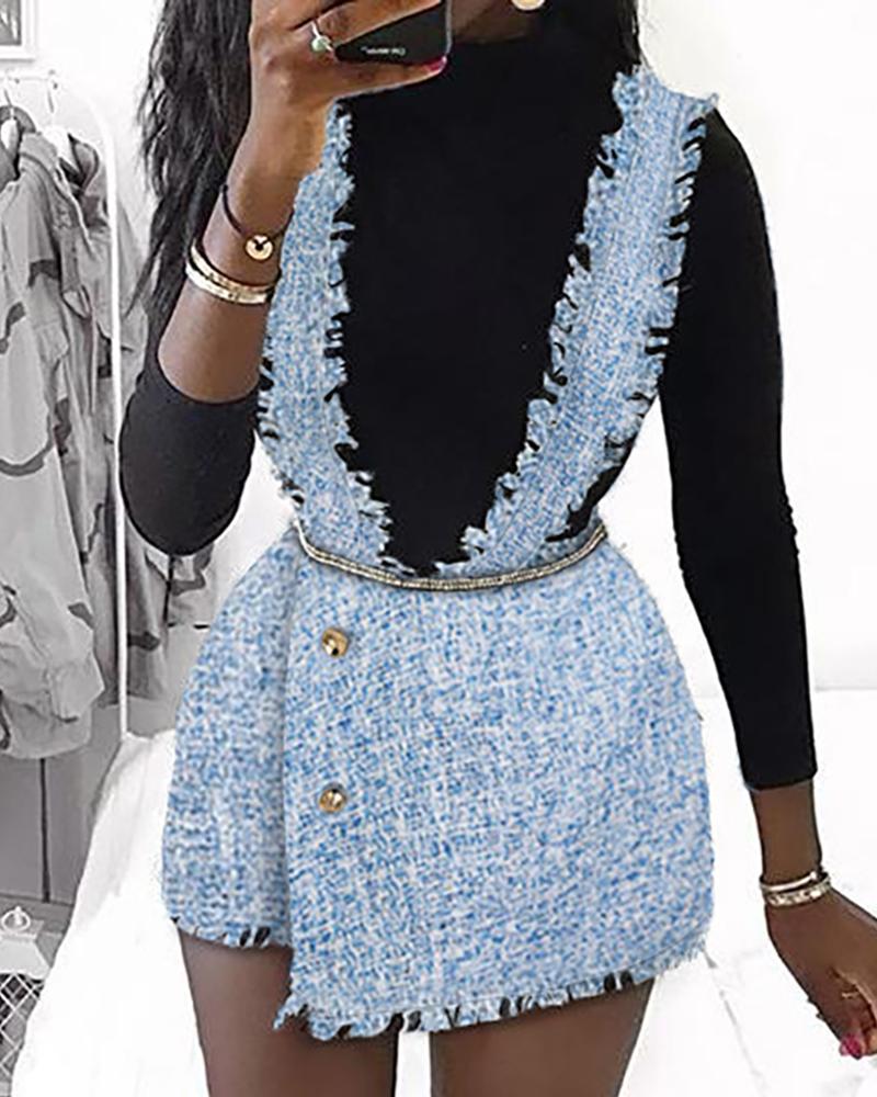 

Thin Strap Frayed Buttoned Bodycon Dress, Blue