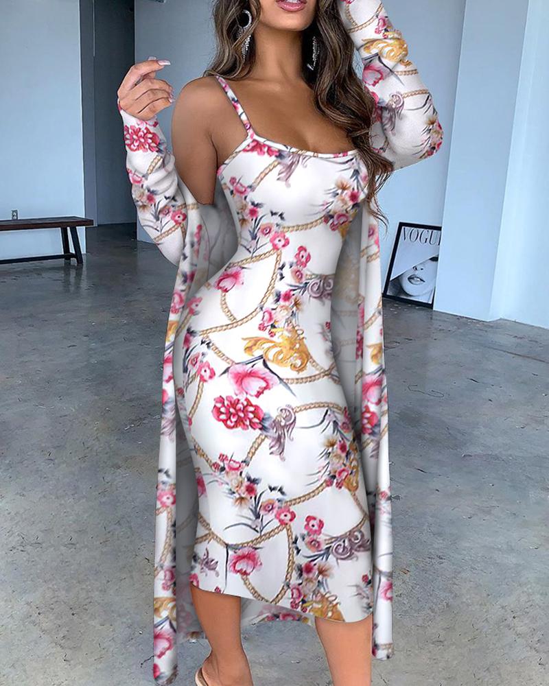 

Print Spaghetti Strap Midi Dress With Cardigan Coat, Multicolor