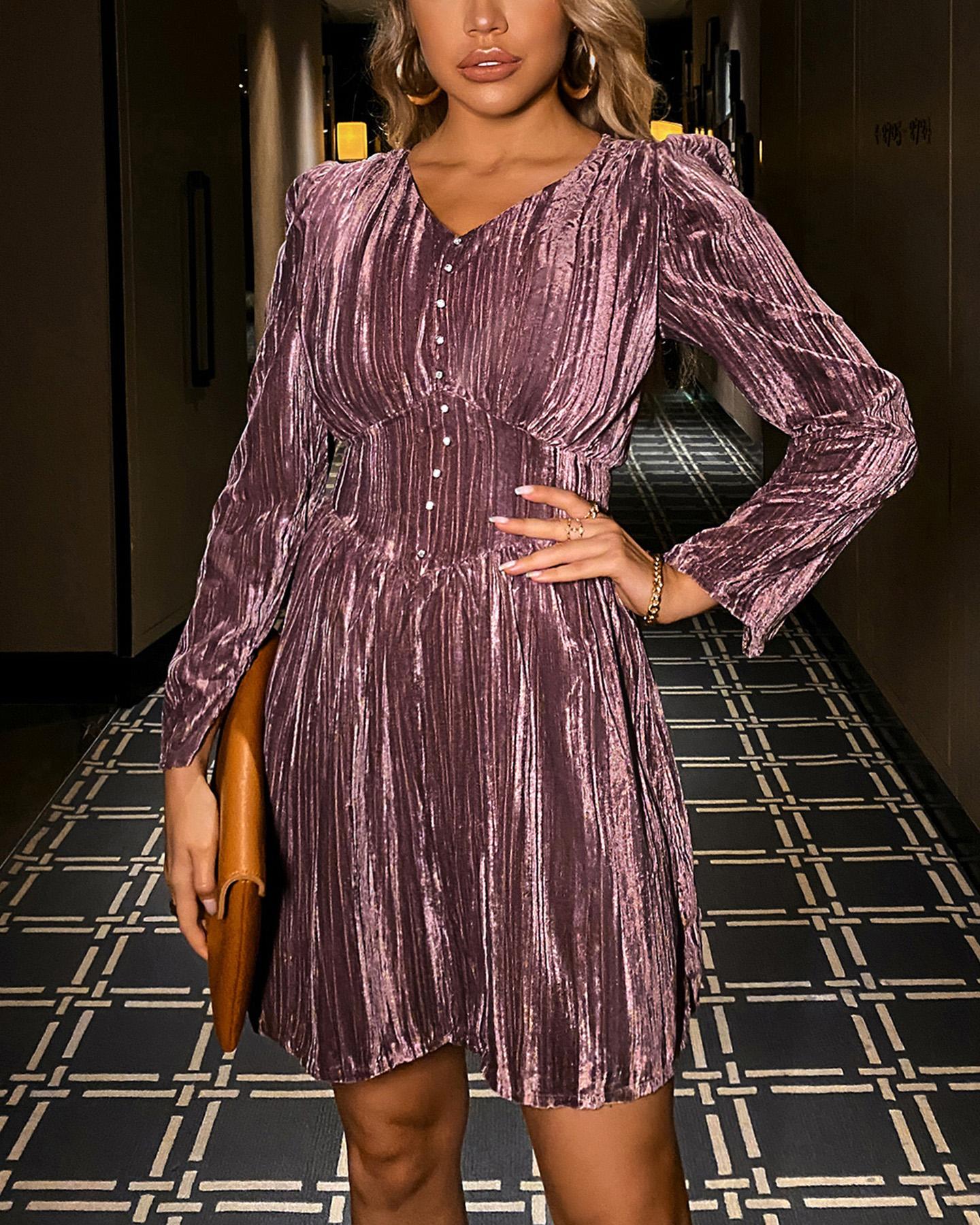 

Velvet Long Sleeve Plain Dress, Pink
