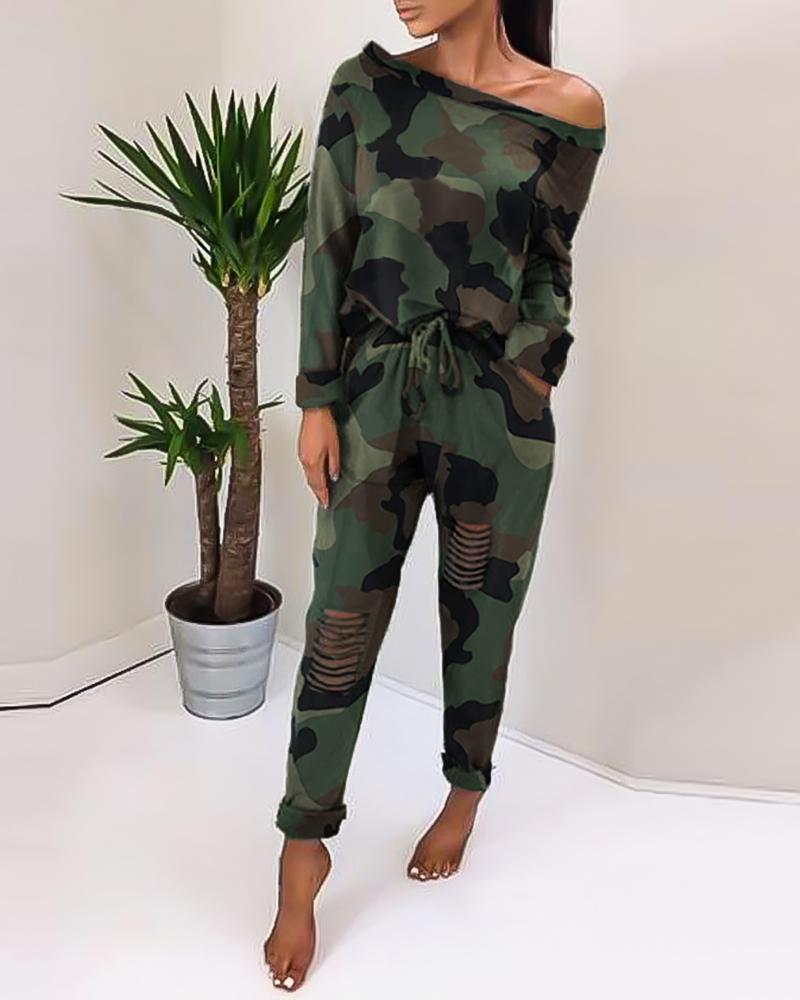 

Skew Neck Camouflage Ladder Cut Out Drawstring Jumpsuit, Camoflage