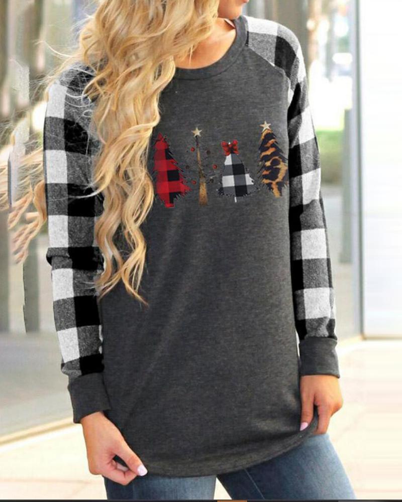 

Christmas Tree Print Colorblock Casual Sweatshirt, Dark grey