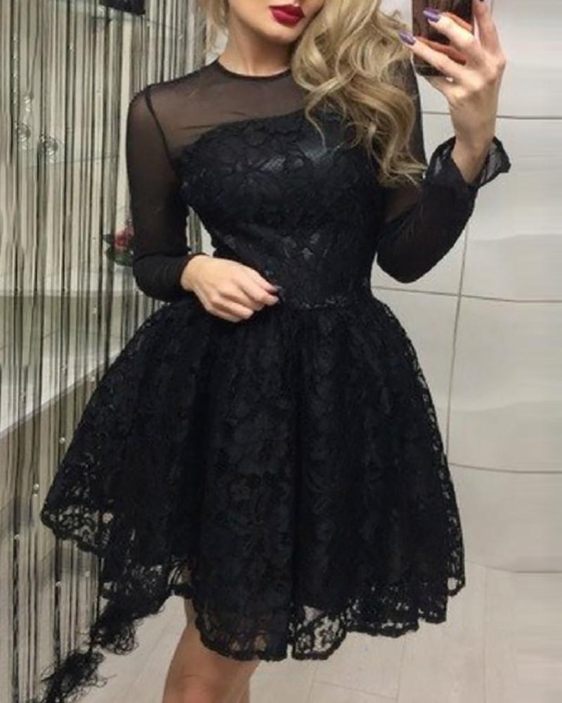 

Sheer Mesh Crochet Lace Dress, Black