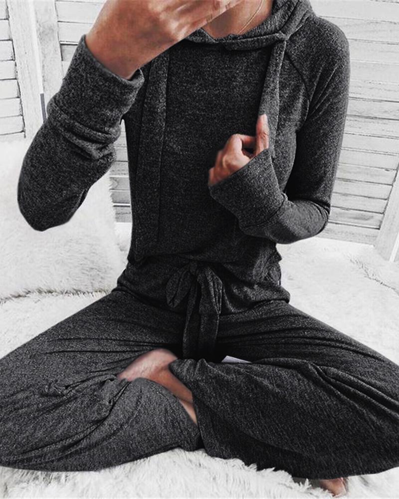 

Solid Hooded Drawstring Sweatshirt & Pants Sets, Black