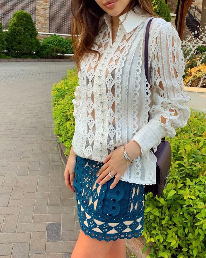 

Hollow Out Mesh Insert Buttoned Shirt, White