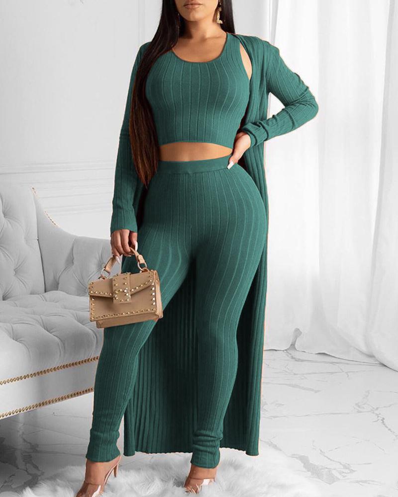 

Solid Ribbed Crop Top & Pant With Coat Sets, Green