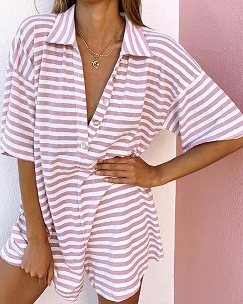 

Striped V-neck Button Design T-shirt, Pink