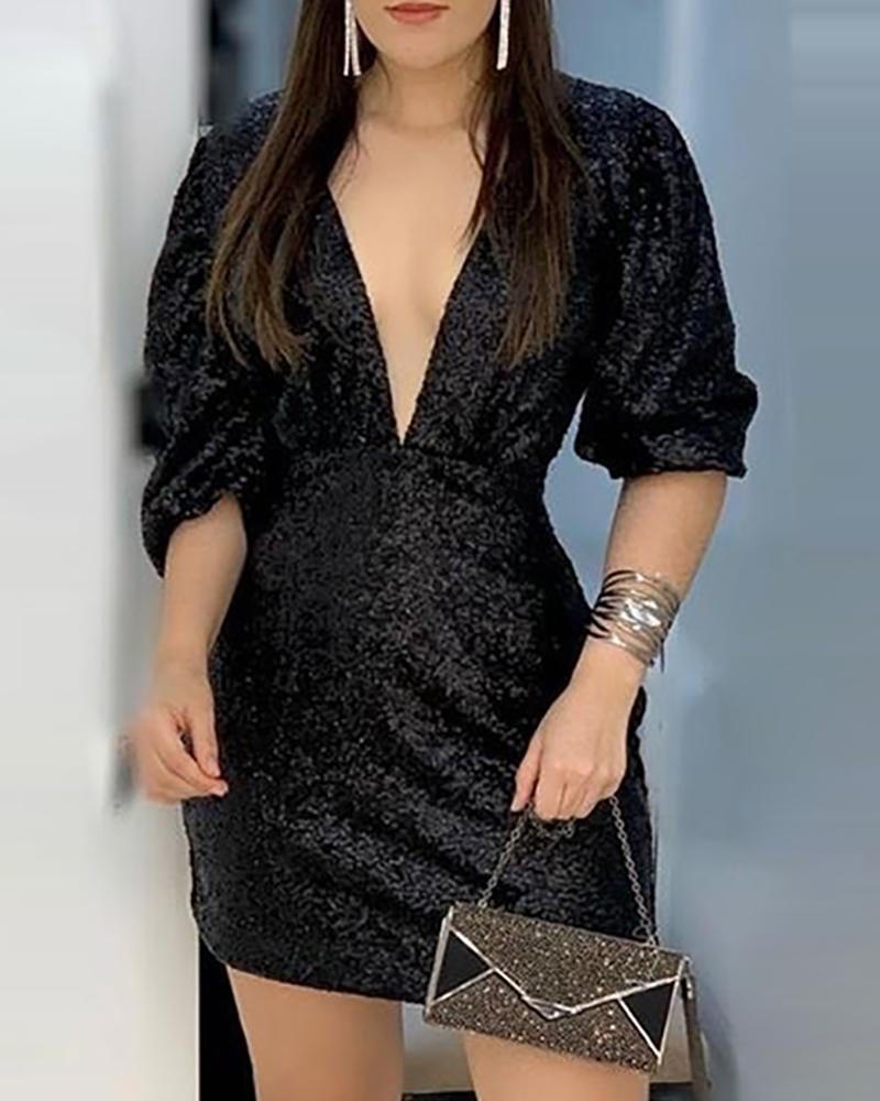 

Deep V-Neck Ruched Design Sequin Dress, Black