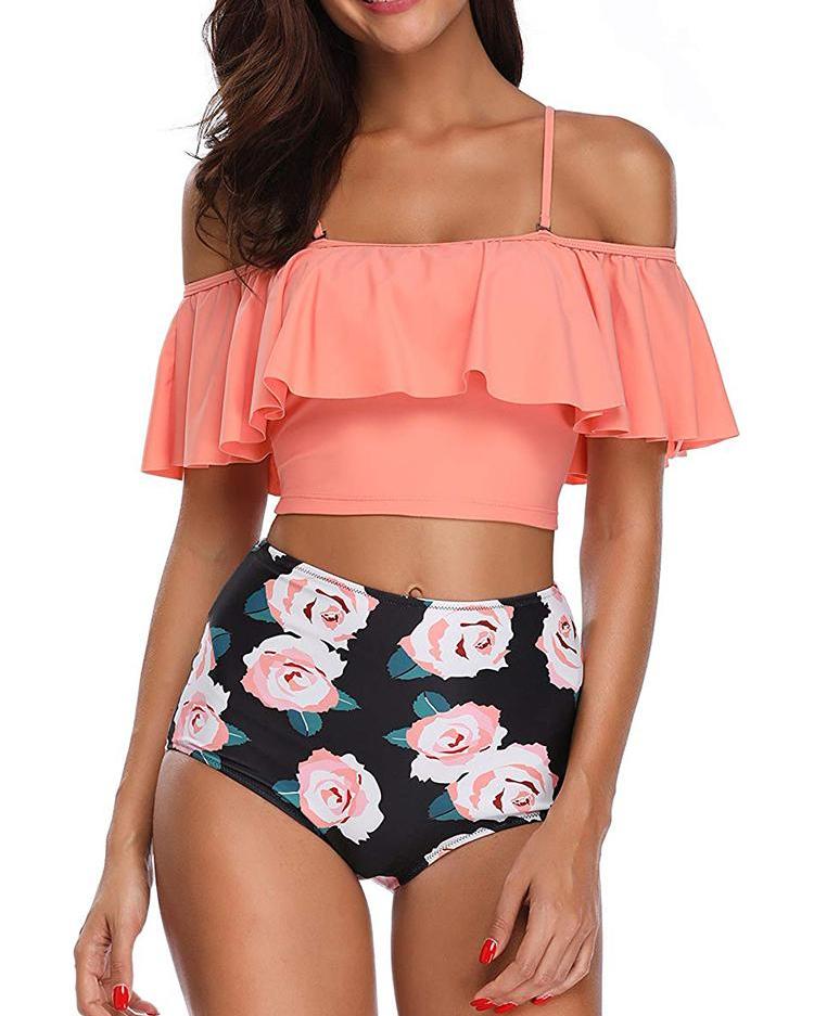 

Floral Print Ruffles High Waist Bikini Set, Orange