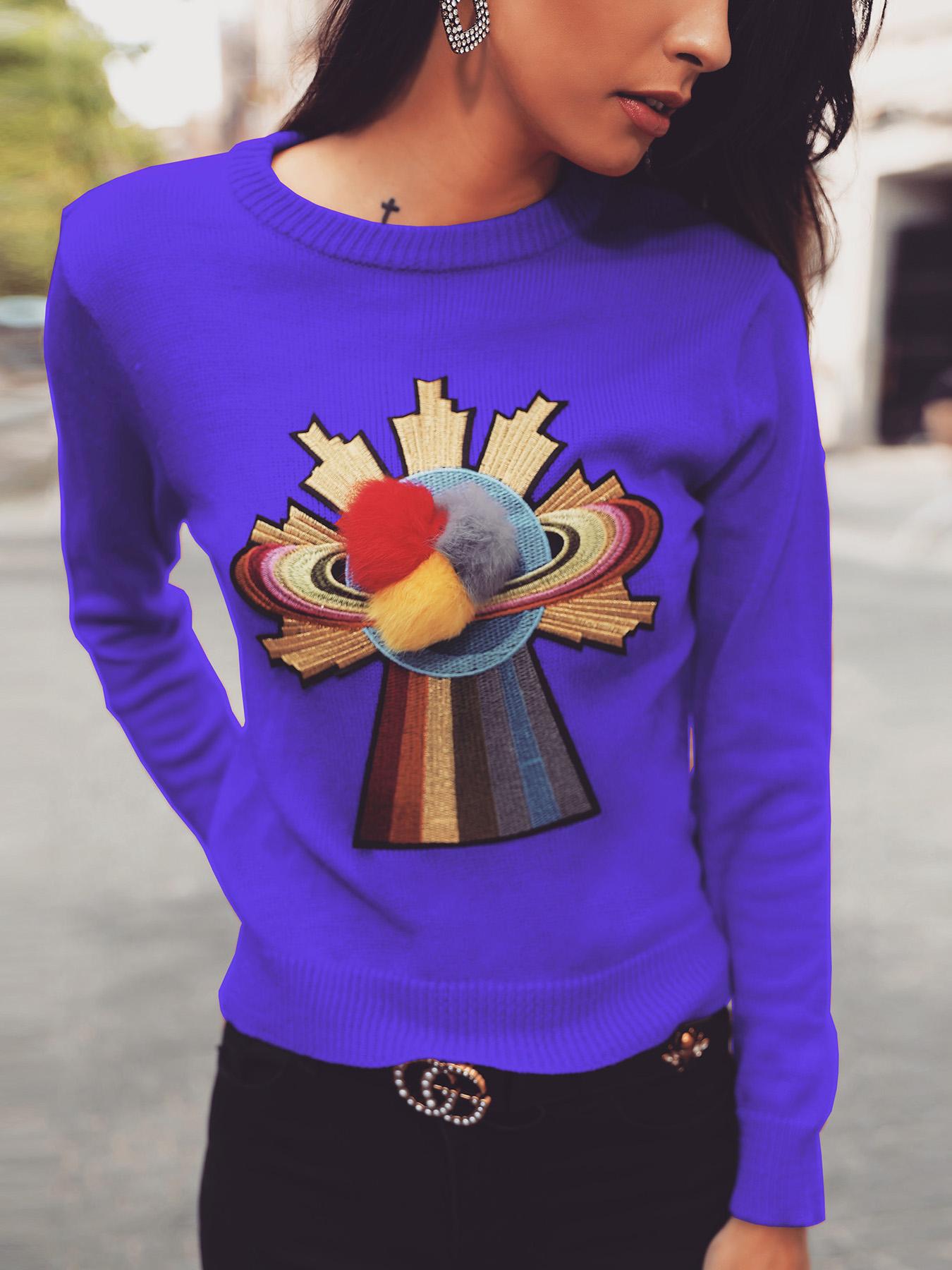 

Fluffy Applique Long Sleeve Casual Sweater