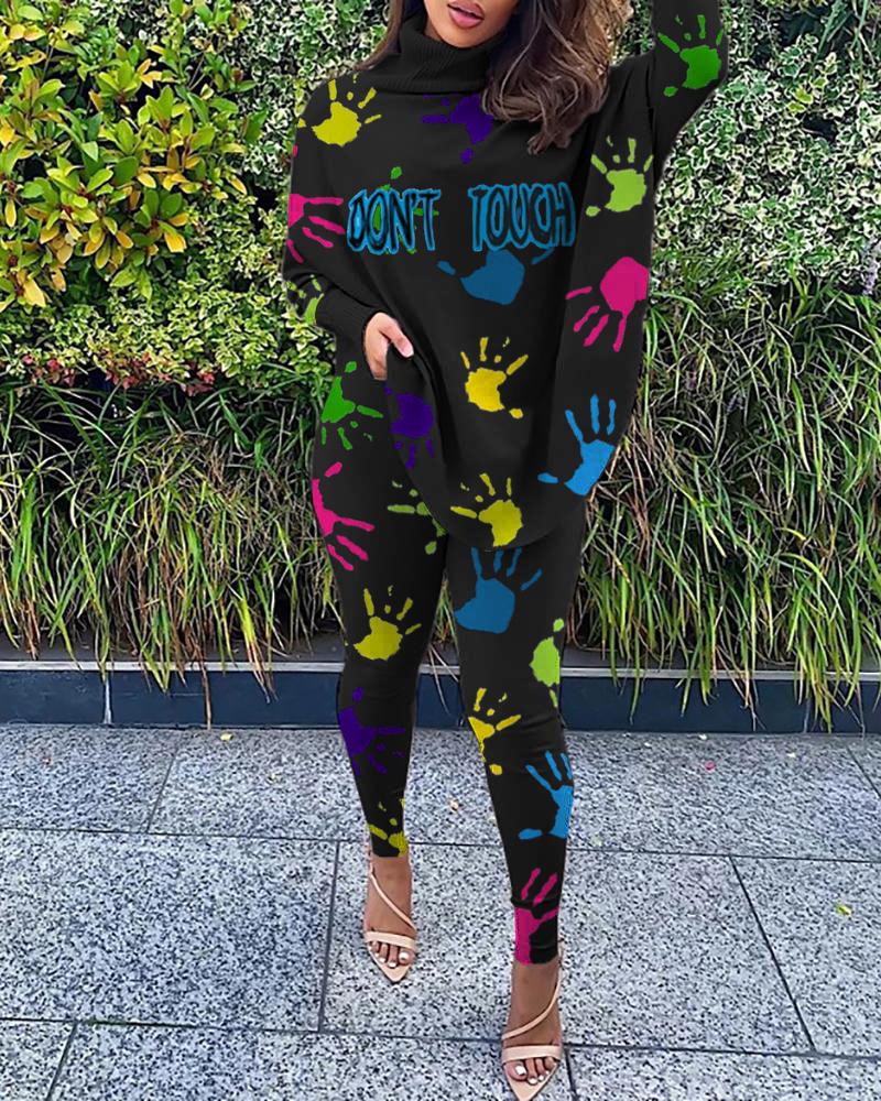 

Letter Palm Print Top & Skinny Pants Set, Black