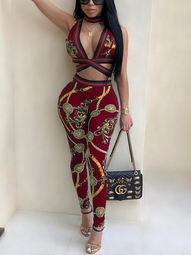 

Digital Print Striped Choker V Slinky Pants Set, Wine red