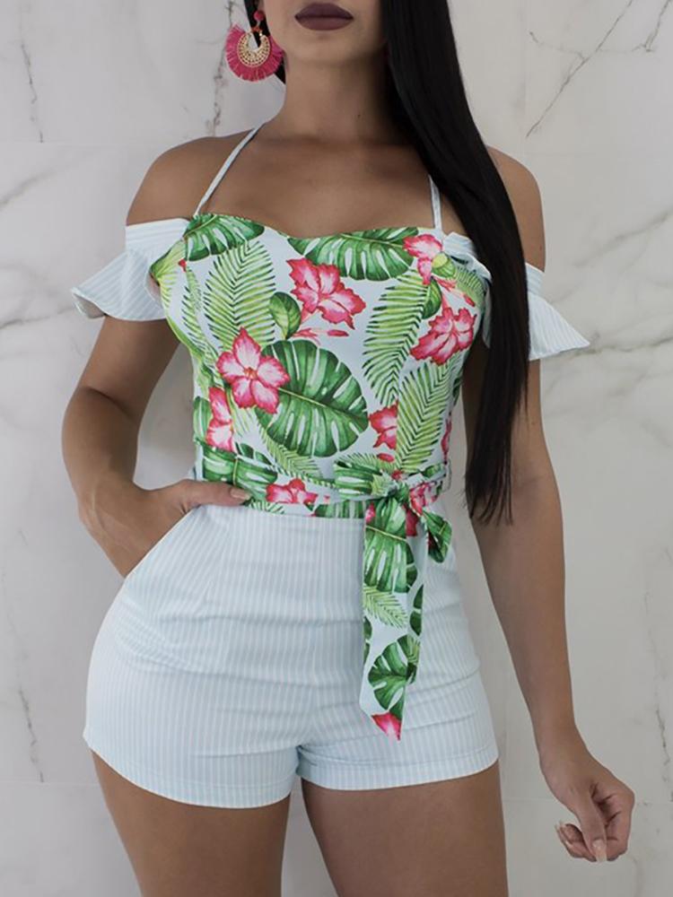 

Tropical Print Halter Belted Bardot Romper, White