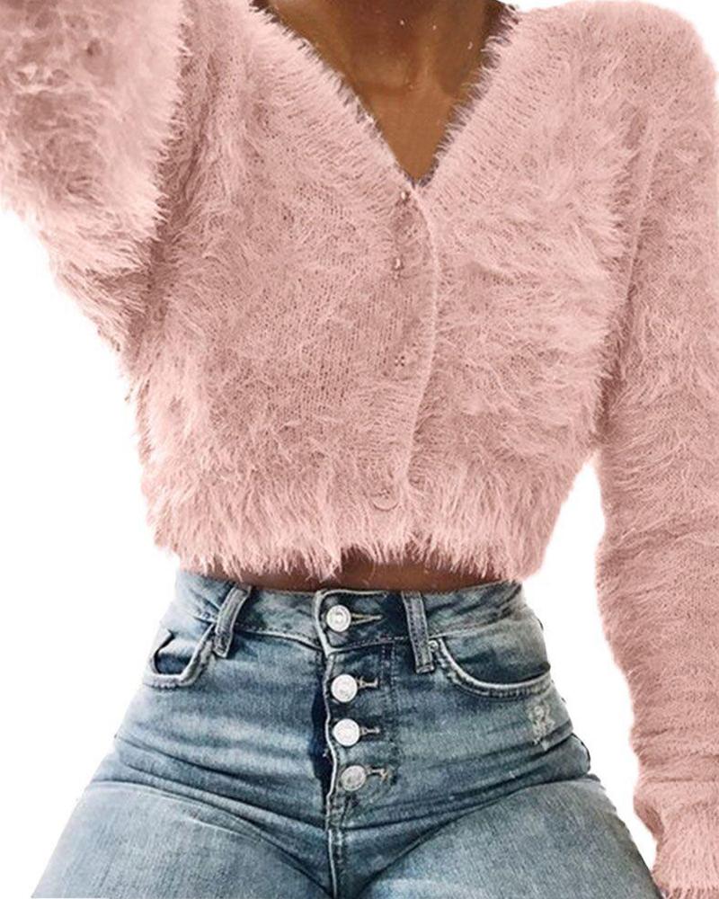 

V-Neck Fluffy Knitting Sweater, Light pink