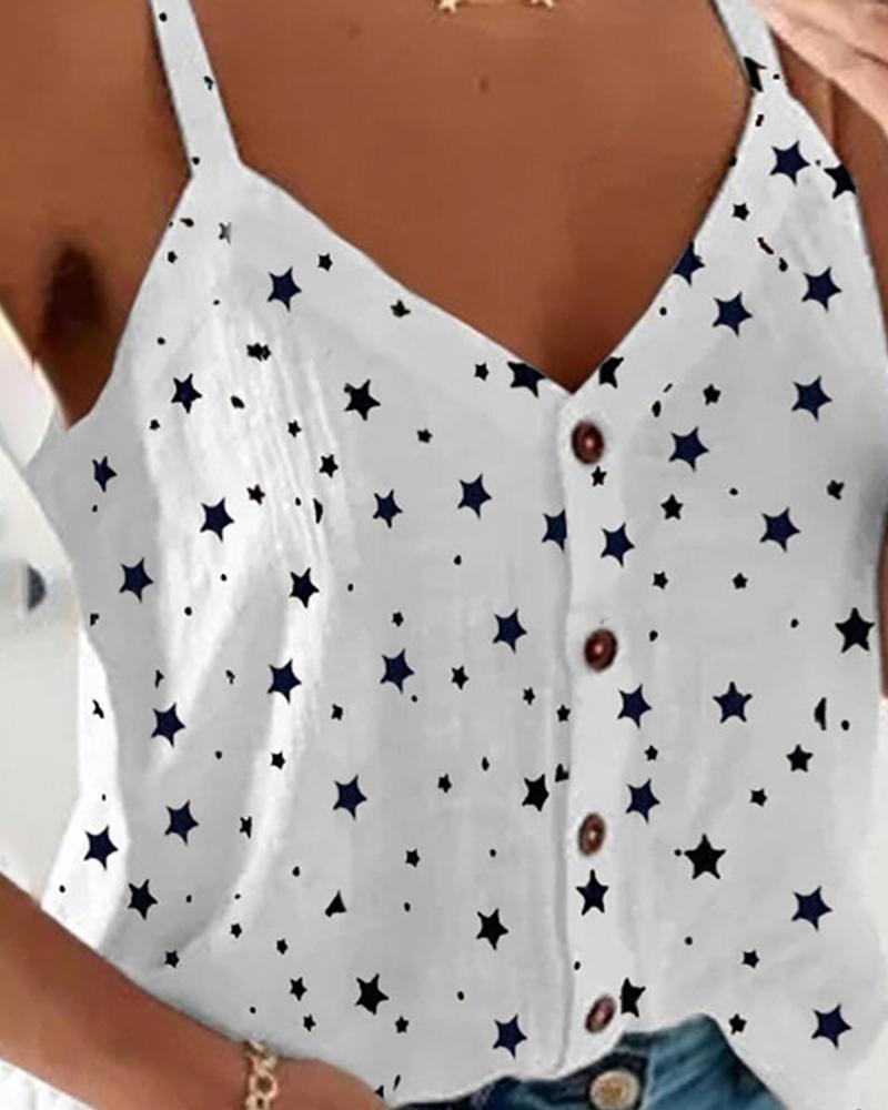 

Star Print Button Design Casual Top, White