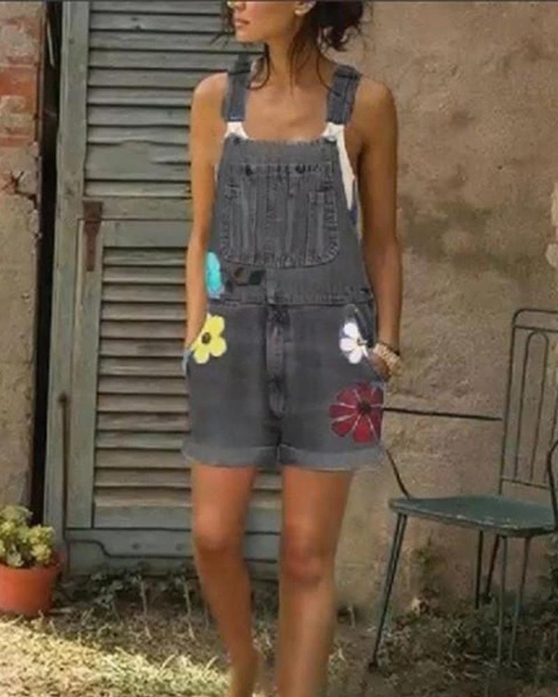 

Floral Denim Suspender Romper, Gray