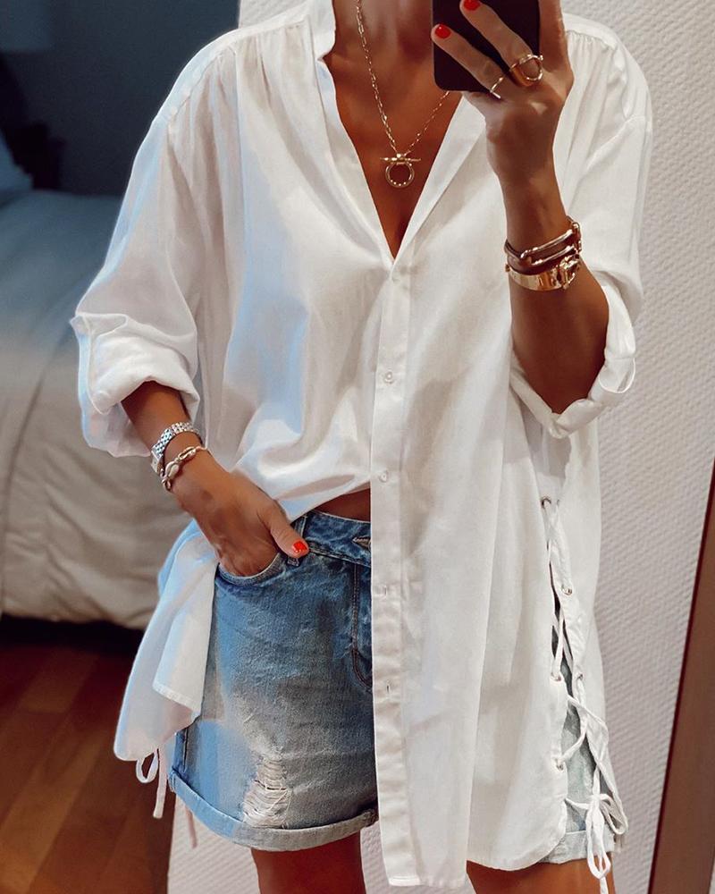 

Solid Long Sleeve Lace-up Hem Blouse, White