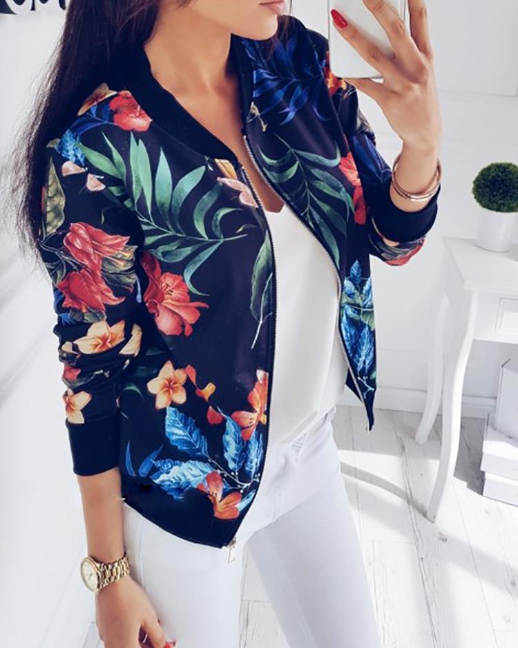 

Stylish Zipper Closure Floral Print Casual Jacket, Blue