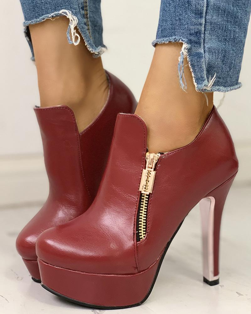 

PU Zipper Platform Thin Heeled Boots, Wine red