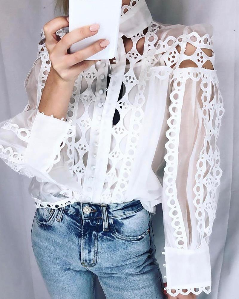 

Solid Hollow Out Trim Casual Blouse, White