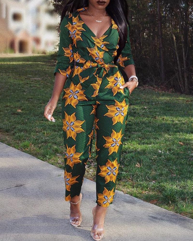 

Shawl Neck Flower Print Tied Waist Jumpsuit, Dark green
