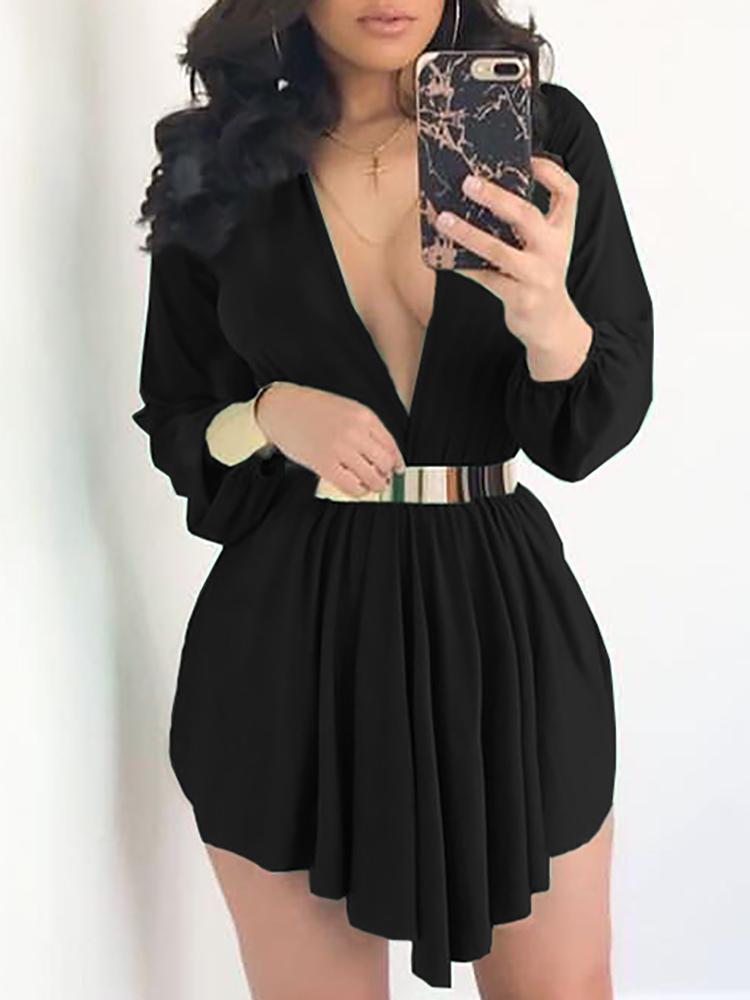

Asymmetrical Pleated Drawstring Waist Plunge Dress