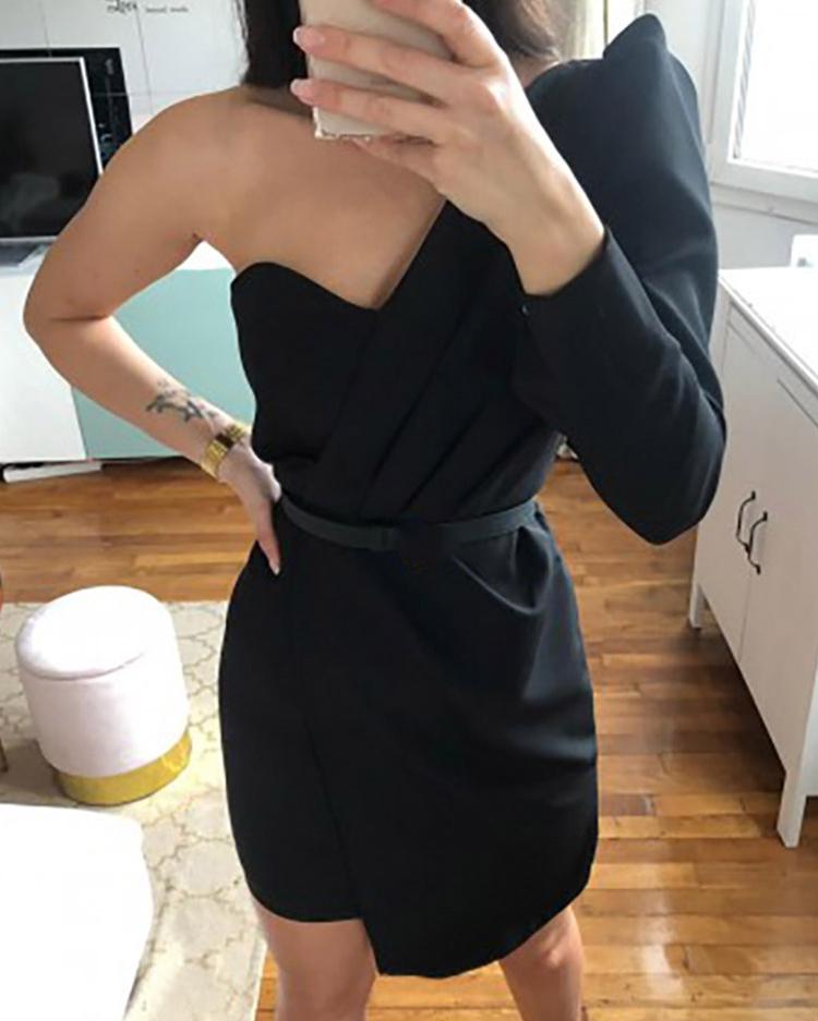 

One Shoulder Puffed Sleeve Irregular Dress