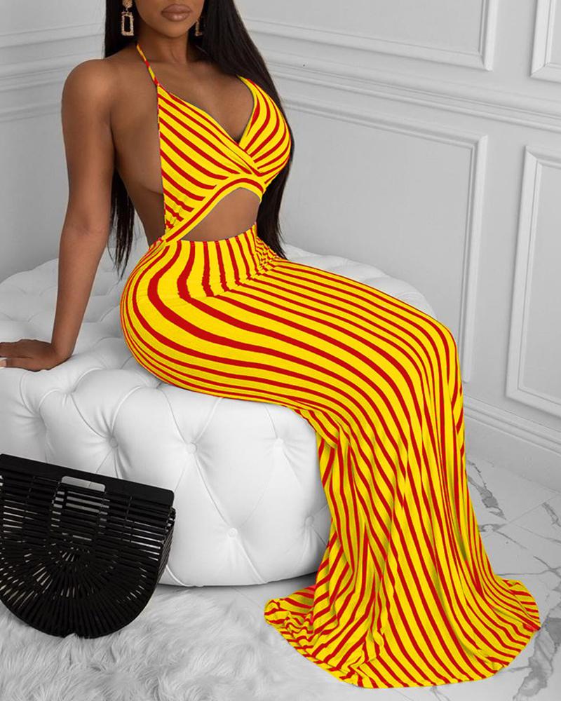 

Halter Striped Backless Cut Out Maxi Dress, Yellow