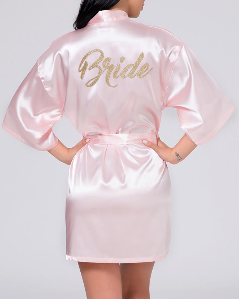

Letter Print Satin Robe For Bride, Pink