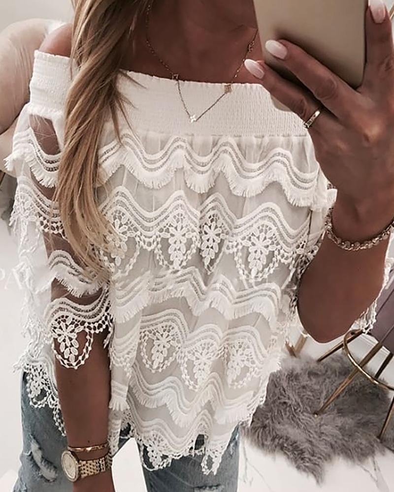 

Off Shoulder Lace Mesh Blouse, White
