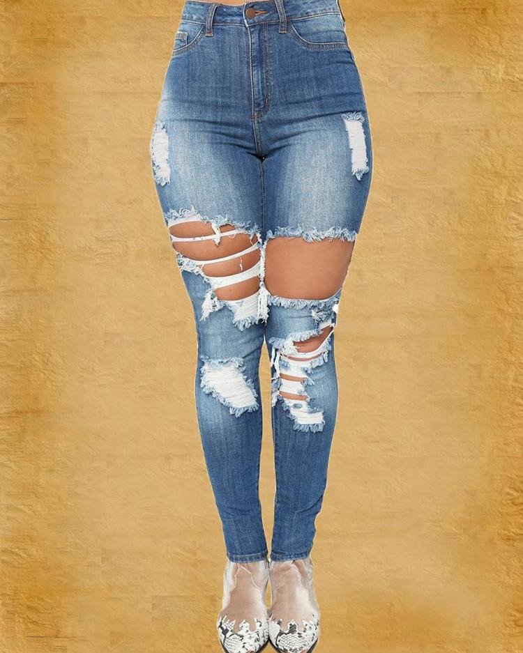 

Cutout Fringes Distressed Pencil Jeans, Blue