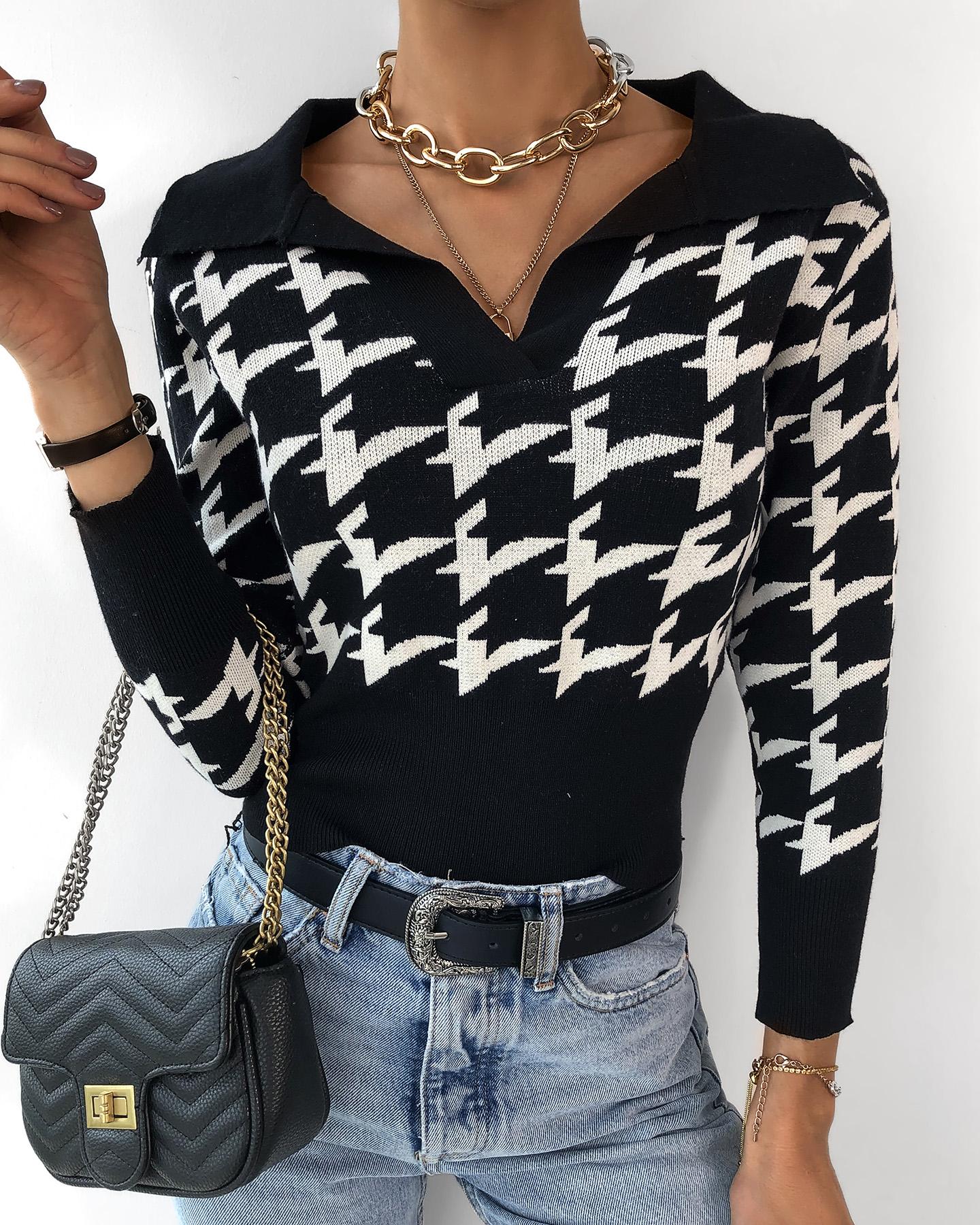 

Houndstooth Long Sleeve Casual Top, Black