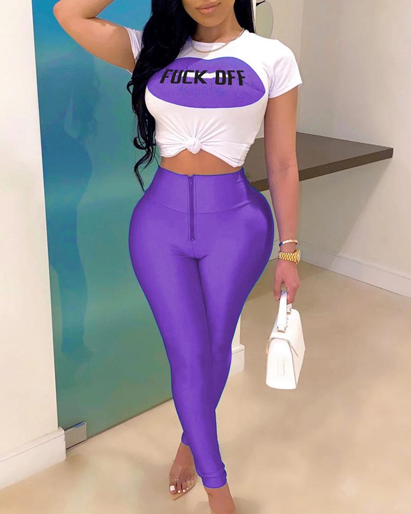 

Lip Letter Print Round Neck Top & Pants Set, Purple