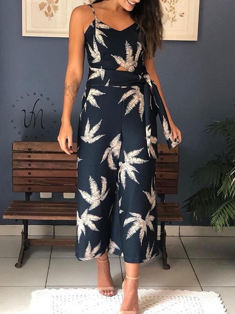 

Leaf Print Cut Out Front Belted Wide Leg Jumpsuit
