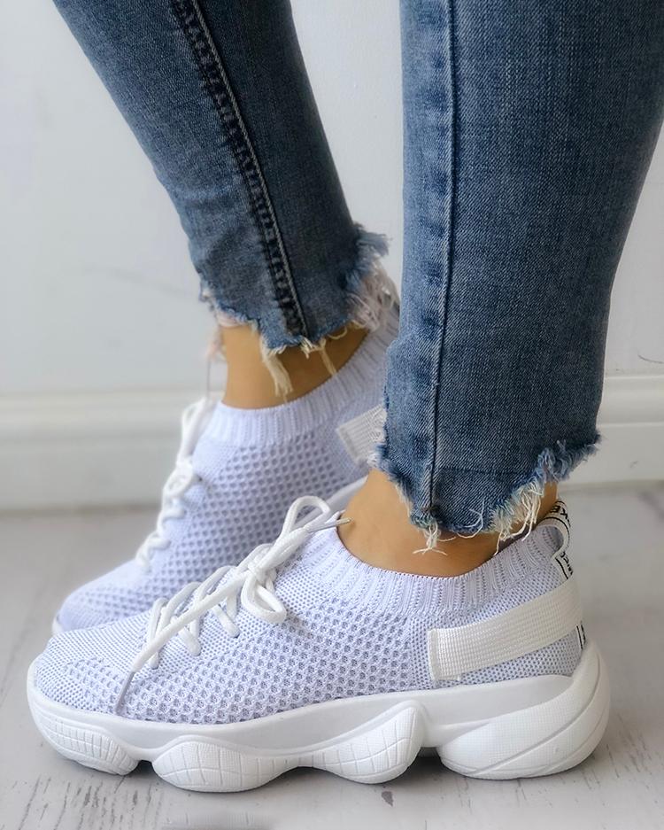 

Solid Breathable Lace-Up Athletic Sneakers, White