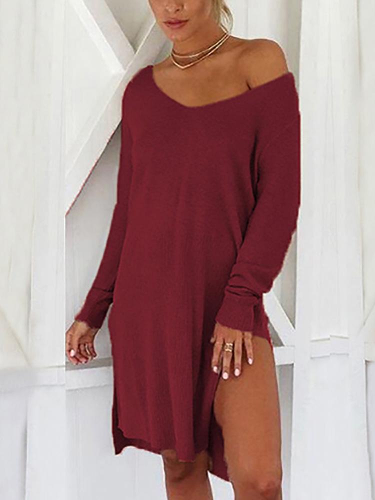 

Solid Skew Neck Long Sleeve Slit Irregular Dress, Red