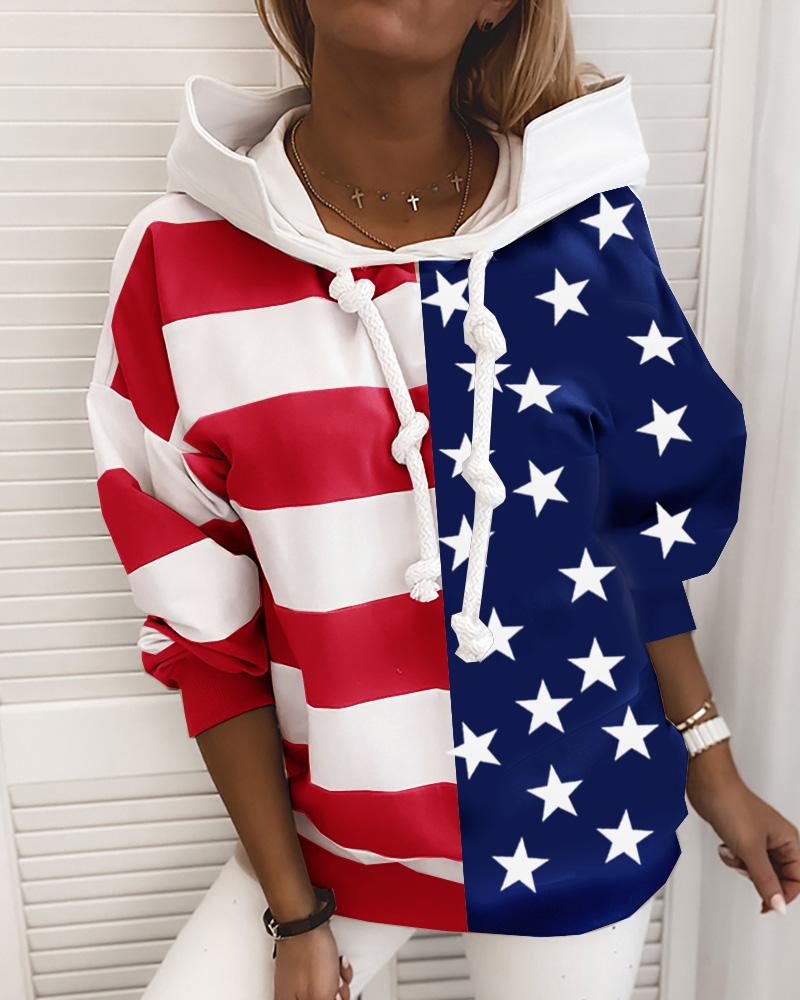 

Stars Print Striped Hooded Casual Sweatshirt, Multicolor