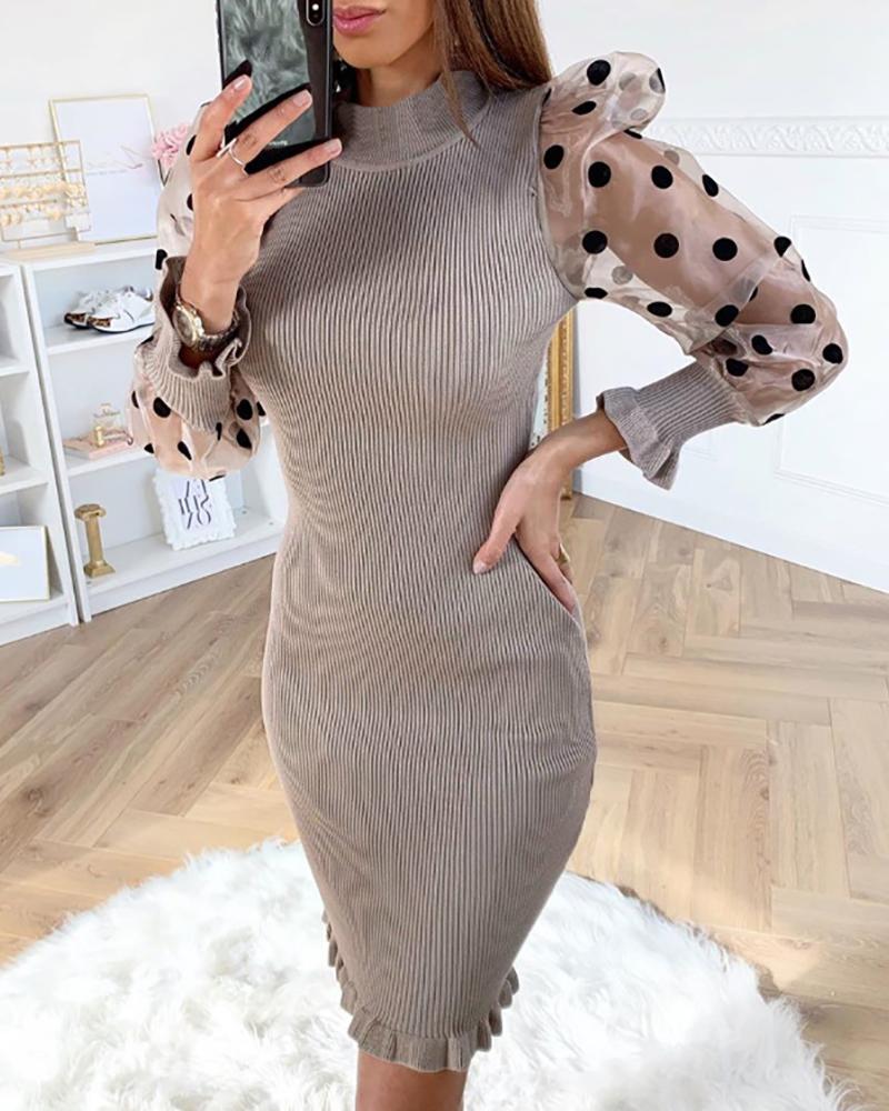 

Mock Neck Puff Sleeve Polka Dot Mesh Insert Ribbed Frill Bodycon Dress, Gray