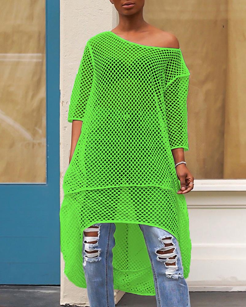 

One Shoulder Hollow Out Fishnet Dress, Green