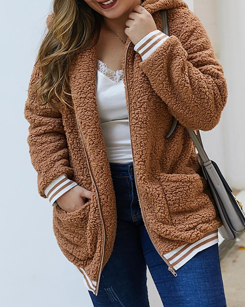 

Plus Size Colorblock Zipper Pocket Front Hooded Teddy Coat, Brown